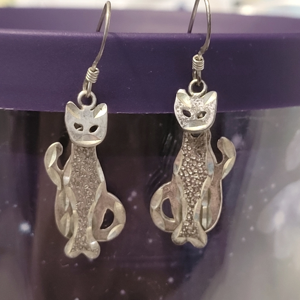 925 Sterling Silver Articulated Cat Dangle Earrings - 1970s Vintage Folk Art - Picture 4 of 12